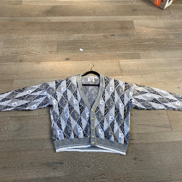 VTG Grandpa Sweater Cardigan Made in Italy Size Large Black White Gray Geometric - Picture 3 of 13